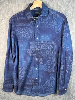 Polo Ralph Lauren Mens Indigo Bandana Print Blue Medium Long Sleeve Button Up